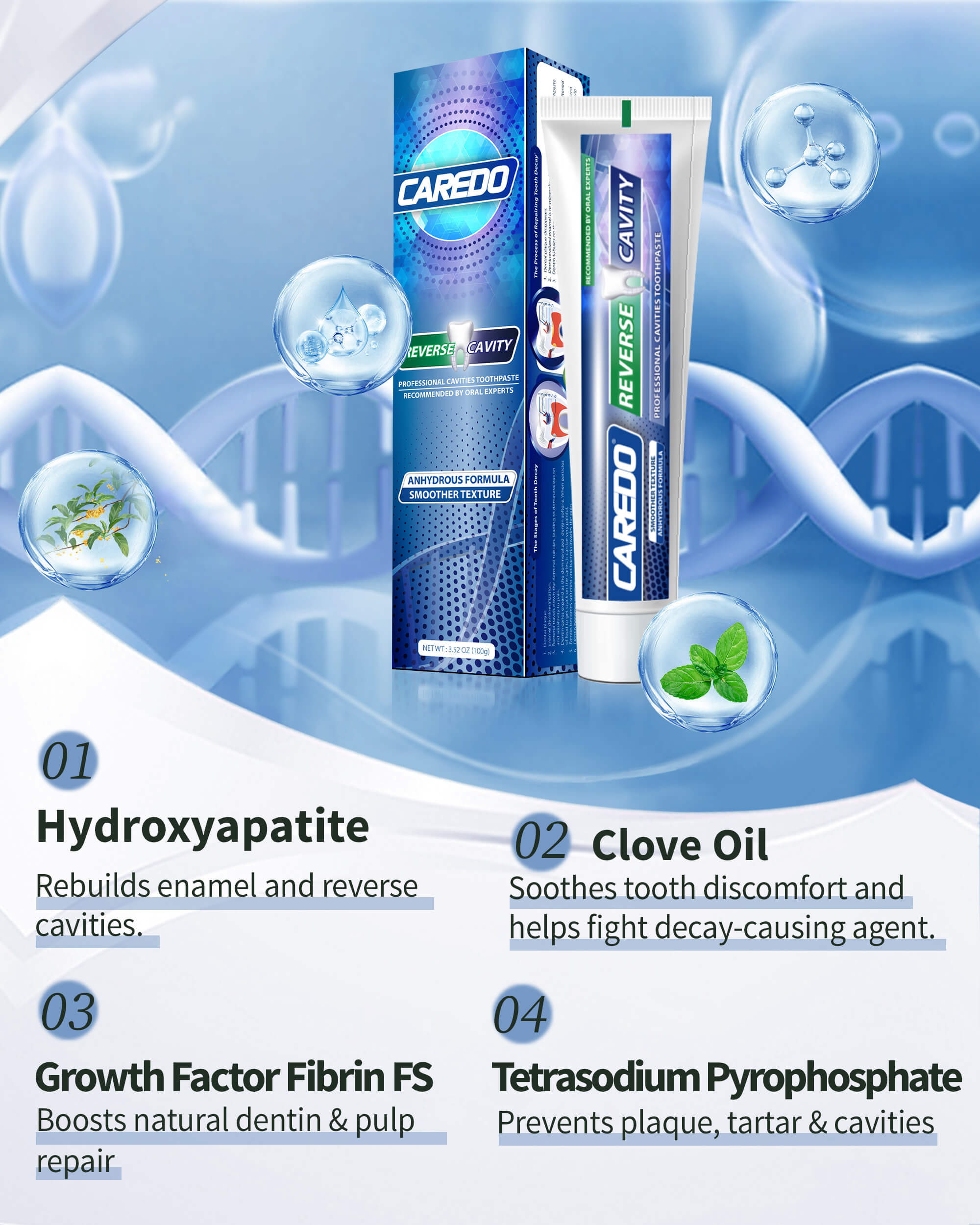 CAREDO Fluoride-Free Hydroxyapatite Toothpaste for Cavity Repair | Natural Enamel Remineralizing Toothpaste for Adults – Reverse Cavities at Home (3.52oz)