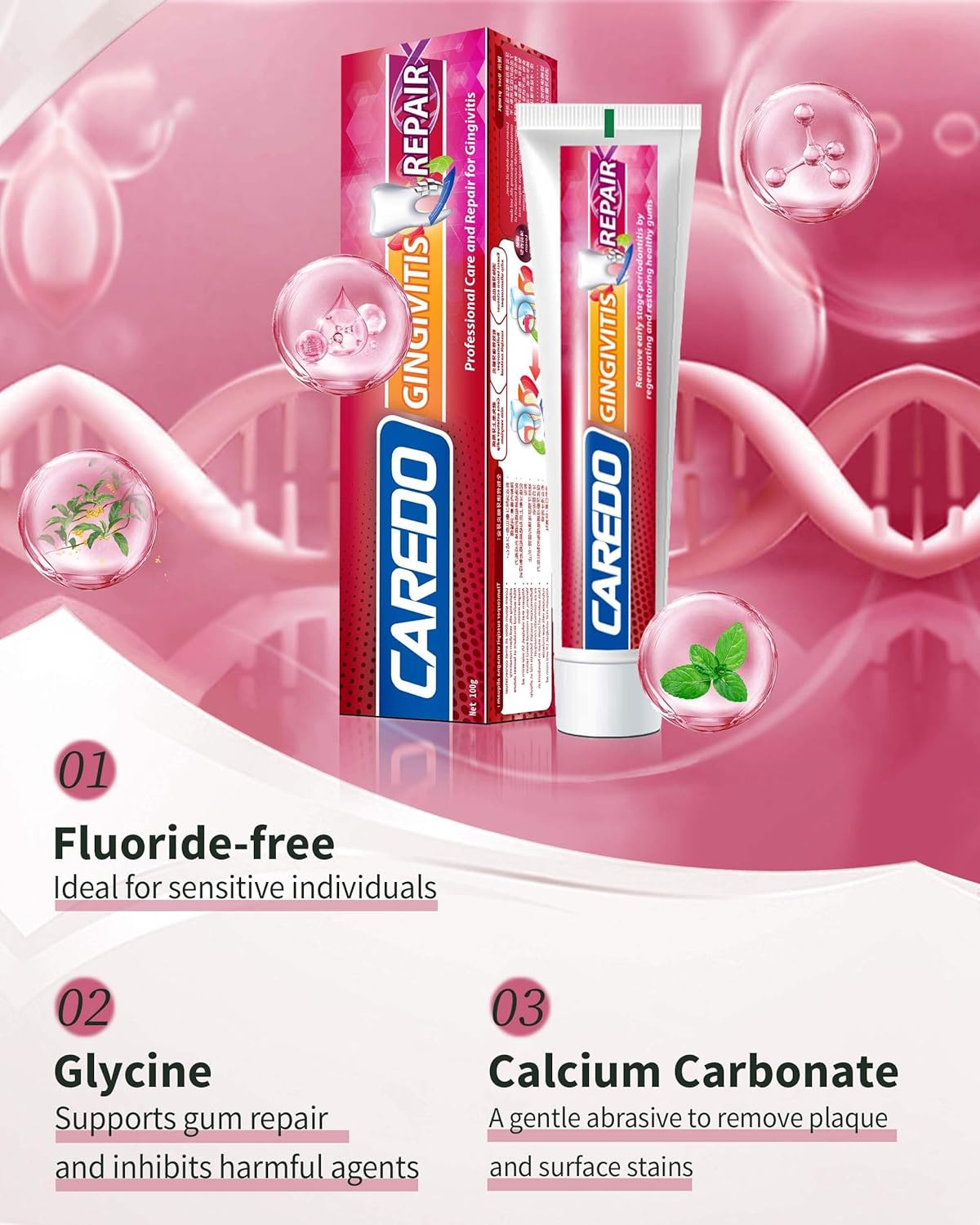 CAREDO Gingivitis Toothpaste Gum Repair for Bleeding Gums, Swollen Gums Treatment for Gum Sensitivity, Gingivitis Treatment for Gum Disease, Reverse Gingivitis Treatment for Adults Oral Care, 3.52OZ