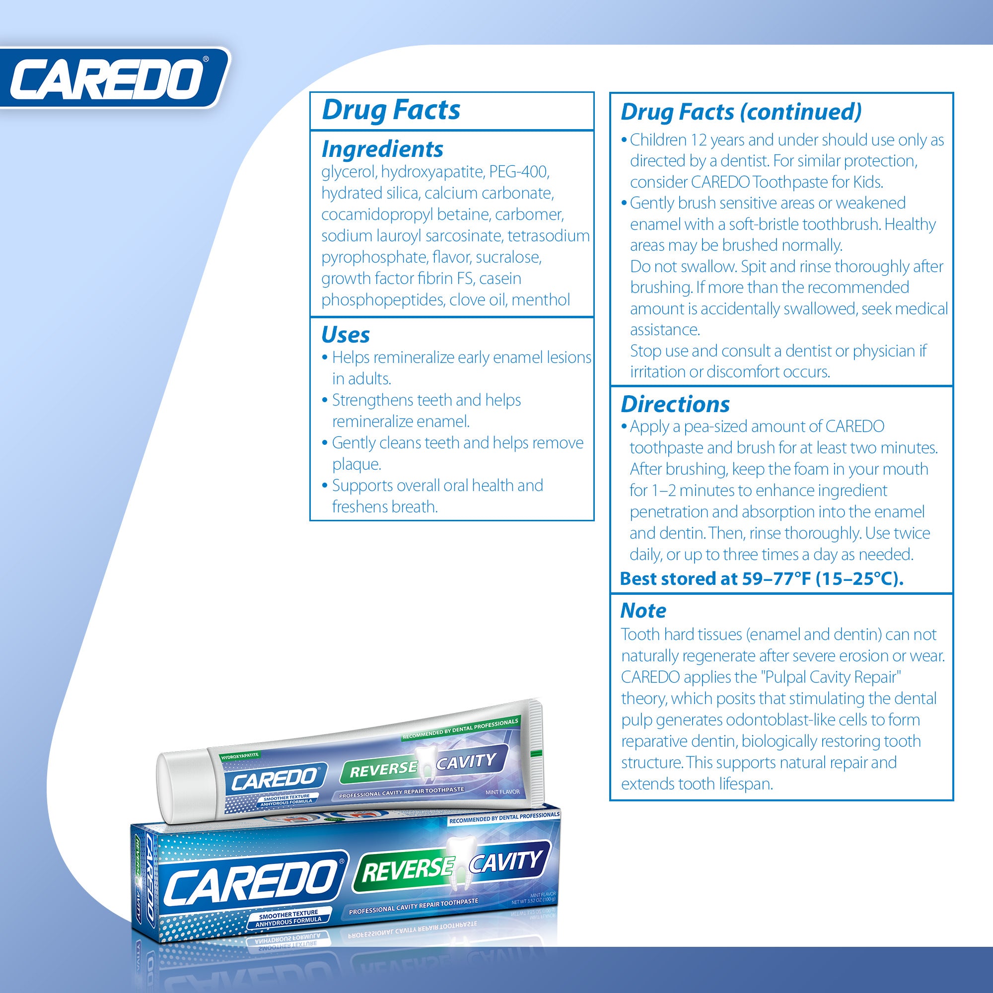 Dentifrice réparateur de caries à l'hydroxyapatite CAERDO pour adultes